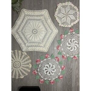Lot Of 5 Vintage Hand Crocheted Doilies/Doily Pink Floral White Assorted Sizes